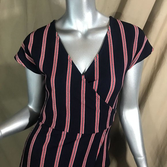 Rebel Sugar Women's Small Striped Blue Red Short Body-con Style Dress Faux Wrap - Picture 5 of 16